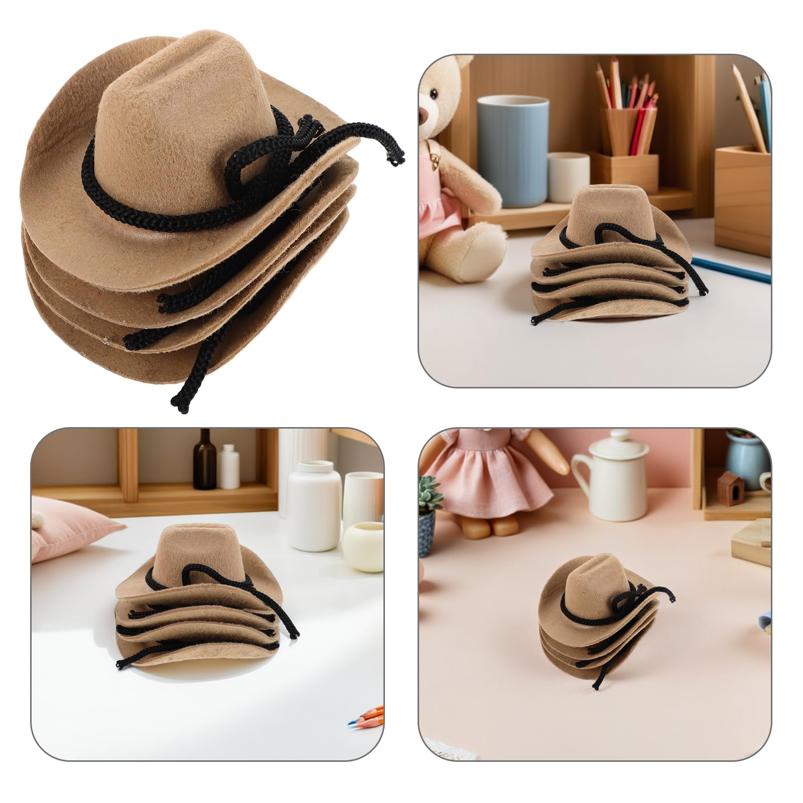 Toyvian Mini Cowboy Hats 4Pcs Set for Dolls Western Style Tiny Flocked Craft Doll Hats Lightweight Decorative Miniature Cowgirl Caps for Party and Doll Accessories - Image 4
