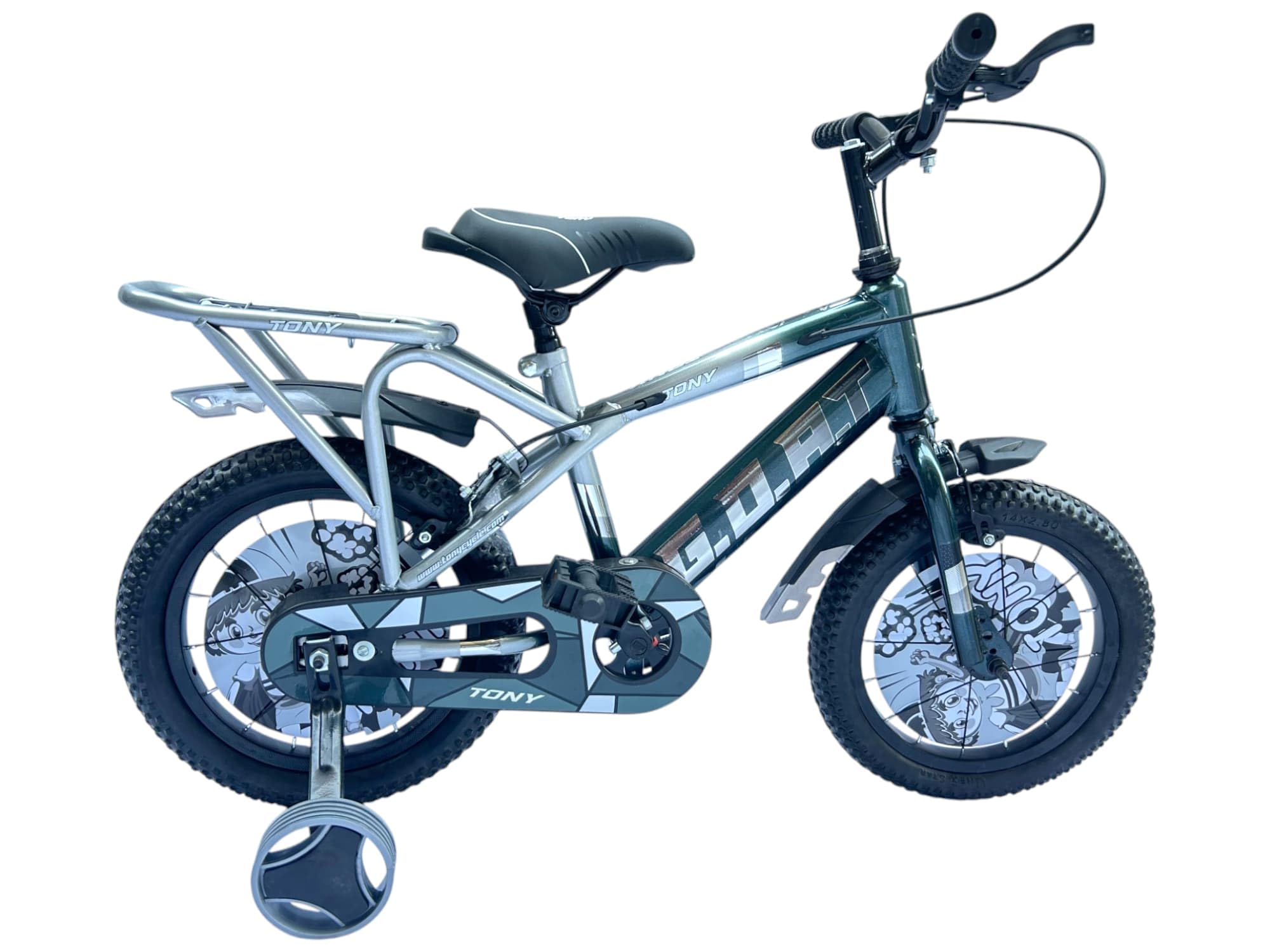 TONY RAW Bicycles Goat 14T BMX Single Speed Sports Cycle for Kids 2 Years to 5 Years Boys & Girls with Training Side Wheels (Silver Black)-image-10
