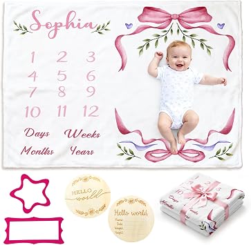Baosity Personalized Baby Monthly Milestone Blanket with Name, Baby Milestone Blanket for Girl Boy, Baby Growth Blankets Newborn Photography Background, Custom Gifts for Newborn Infant 40"x50"