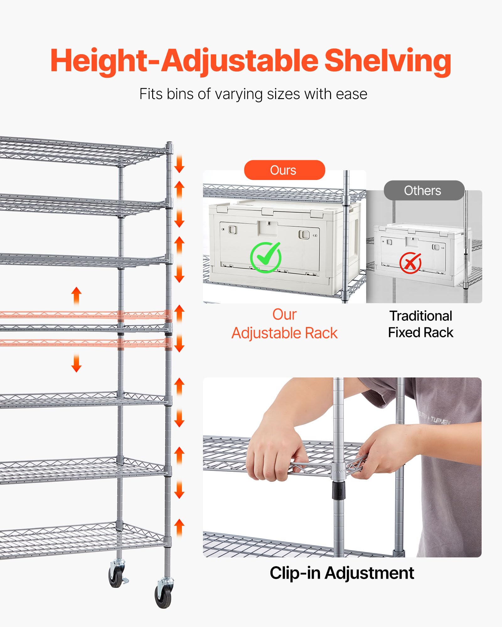 VEVOR Standregal, Lagerregal mit 7 Ebenen & 26 Stapelboxen, Bücherregal, Küchenregal mit Rollen, Fahrregal für Garage, Lager, Büro, Restaurant, Klassenzimmer, Küche, 355x1110x1480 mm