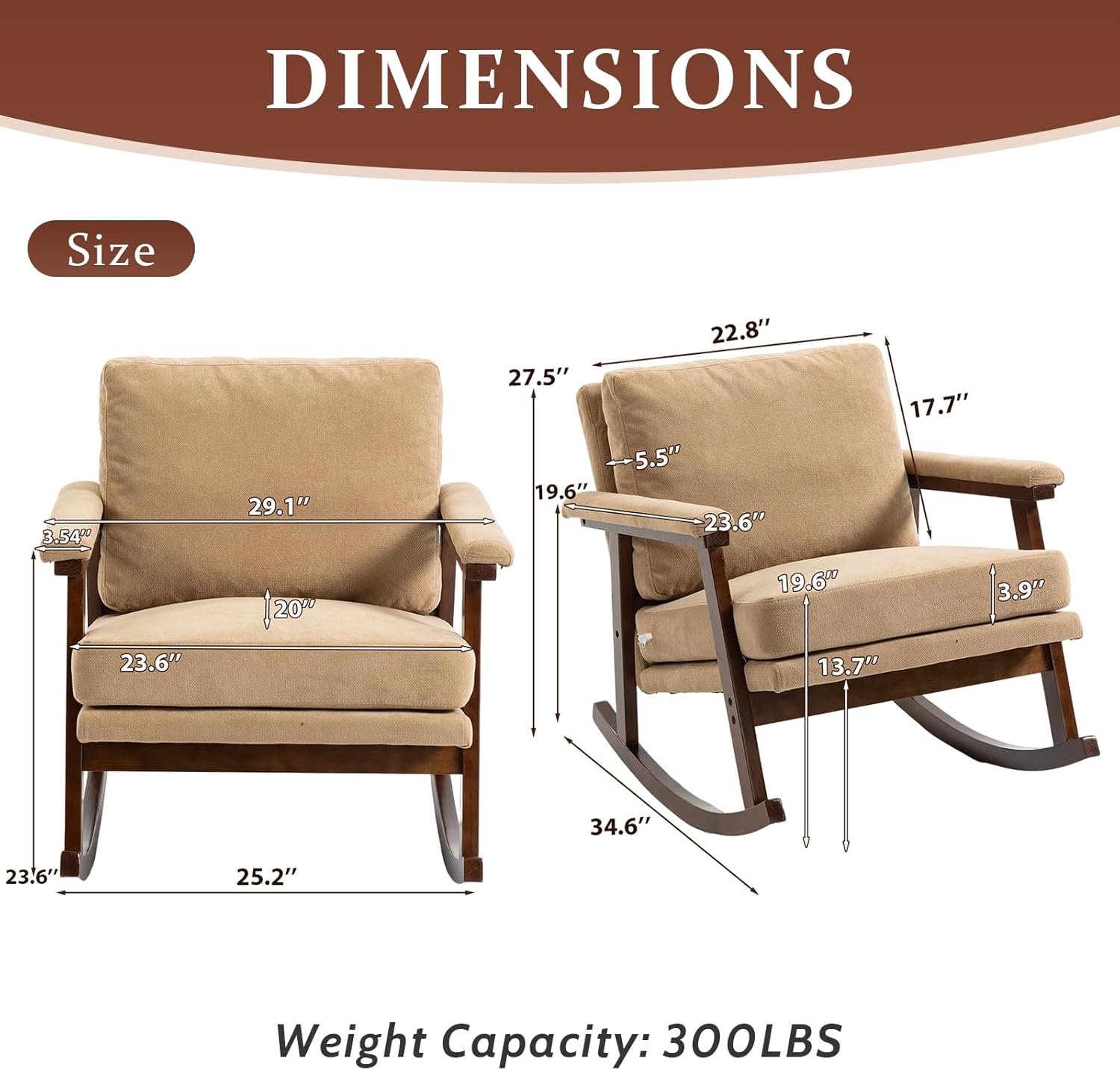 Rocking Chair for Nursery, Living Room & Bedroom, Upholstered Accent Chair with Solid Rubberwood Frame, Cozy Reading Chair for Small Spaces, (Khaki)