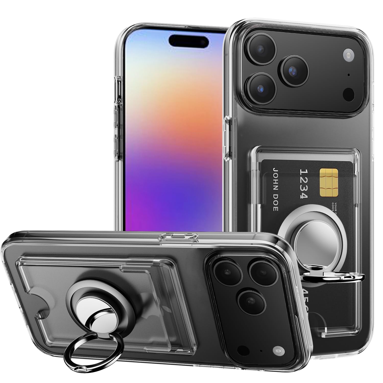対応 iPhone 17 Pro ケース 透明 カード収納 リング付き 耐衝撃 保護カバー アイフォン17プロ スマホケース クリア シリコン スタンド機能 耐久 滑り止め （クリア）