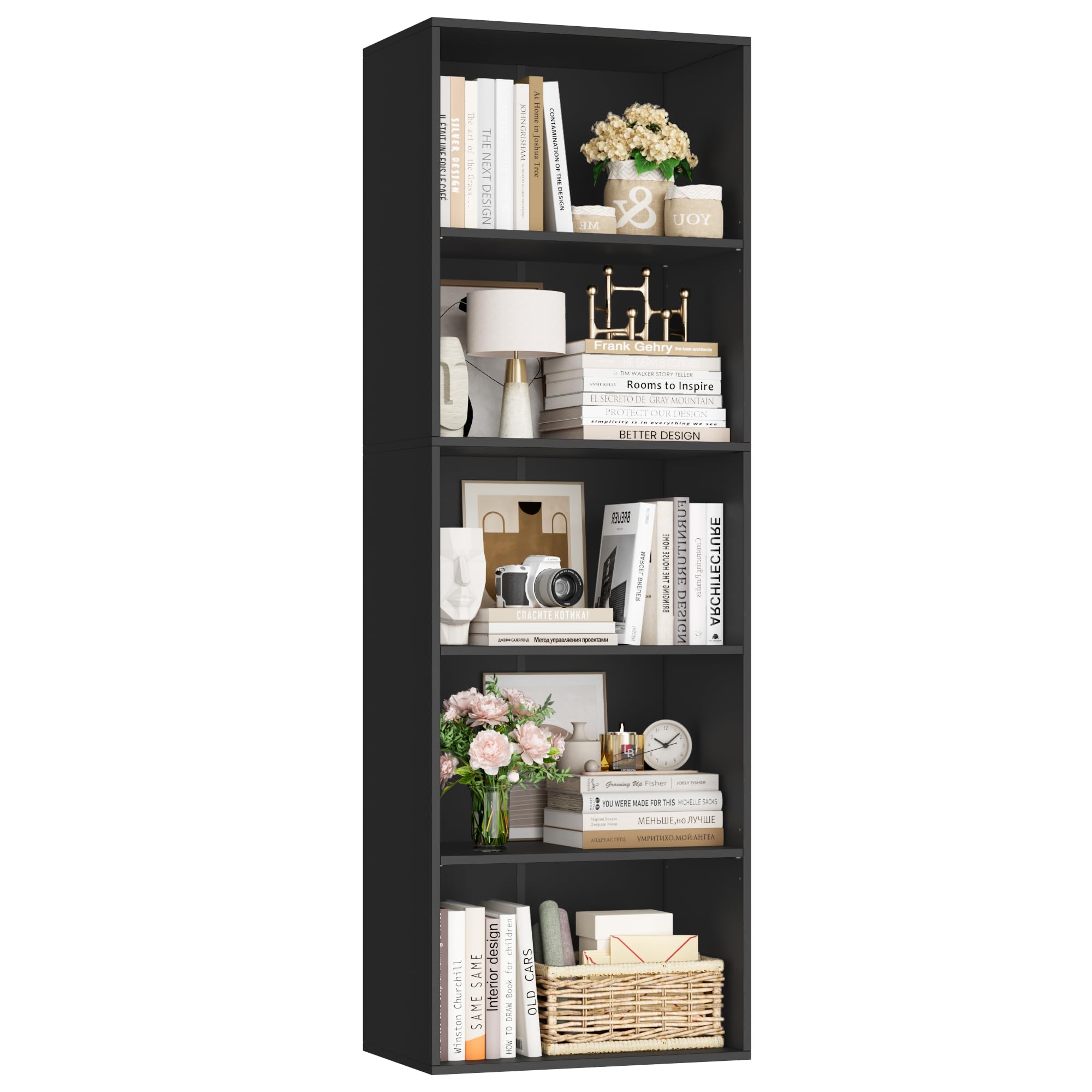 FirFurd Estantería Libros Sinfonier Alto Librería Madera, 5 Compartimentos | Librería Estantería, Biblioteca, Estanterias Almacenaje, Estrecha y Alta, para Salón Oficina Dormitorio Negro 48X30X159Al.cm