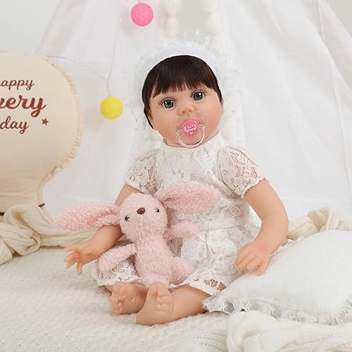 Miniatura 11 de Muñecas Reborn Baby Girl de silicona realista de 22 pulgadas, muñecas Bebe de la vida real, cuerpo de tela de vinilo suave hecho a mano con kit