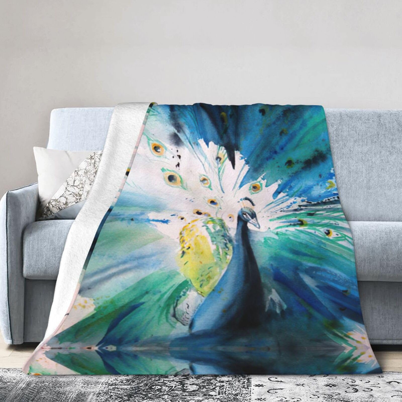 Uusnwaa Soft Cosy Fleece Warm Throw Cute Peacock Print Blanket