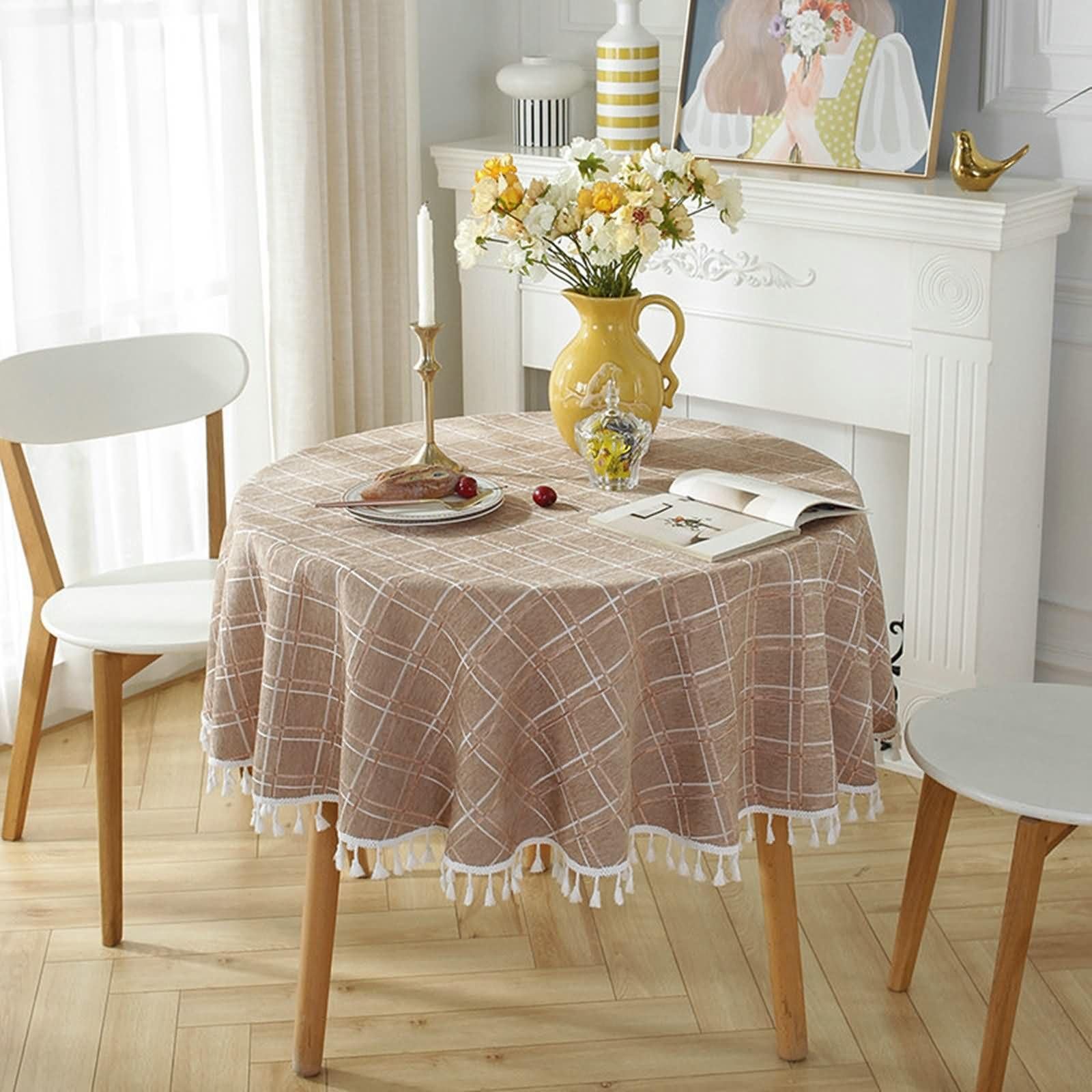 Runde Tischdecke Braun 160 cm, Polyester Plaid mit Quasten, Tischdecke für Terrasse
