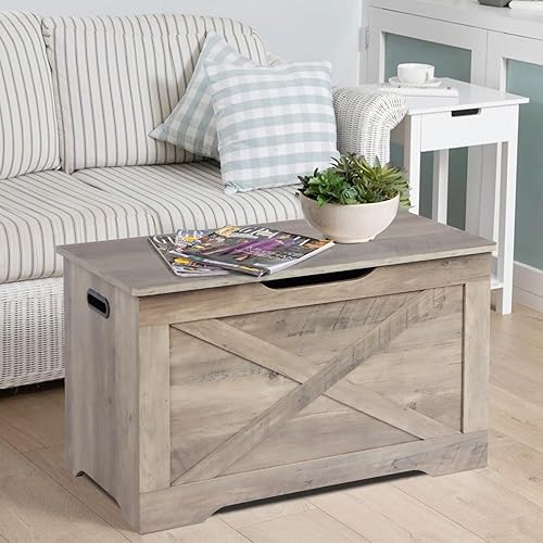 Vista 7 de Baúl de almacenamiento, banco de almacenamiento de madera, banco de zapatos de entrada con 2 bisagras de seguridad, baúl de almacenamiento retro Gris