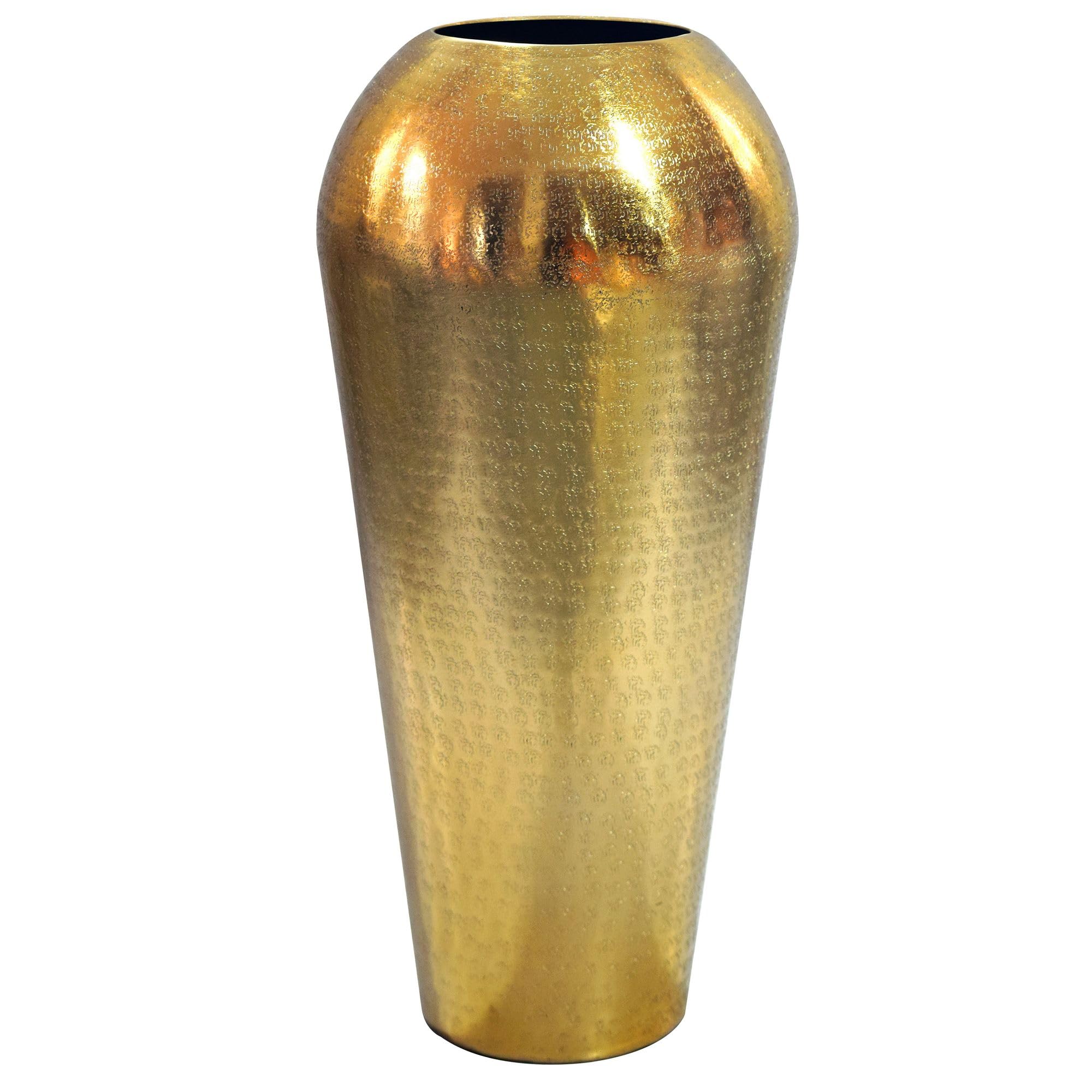 FineBuy Dekovase 23x23x50 cm Aluminium Gold, Bodenvase Gehämmert | Standvase in schlanker Form, Blumenvase handgefertigt, Wohndeko für Wohnzimmer, Esszimmer und Flur