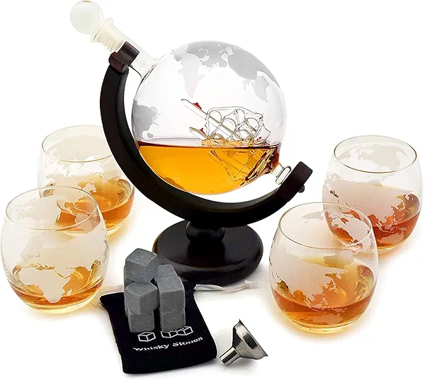 Whiskey Decanter Set - Globe Glasses - Housewarming Scotch Gift Set - 30oz Globe Decanter for Whisky, Scotch and Liquor - Whiskey Glass Decanter with Gift Box