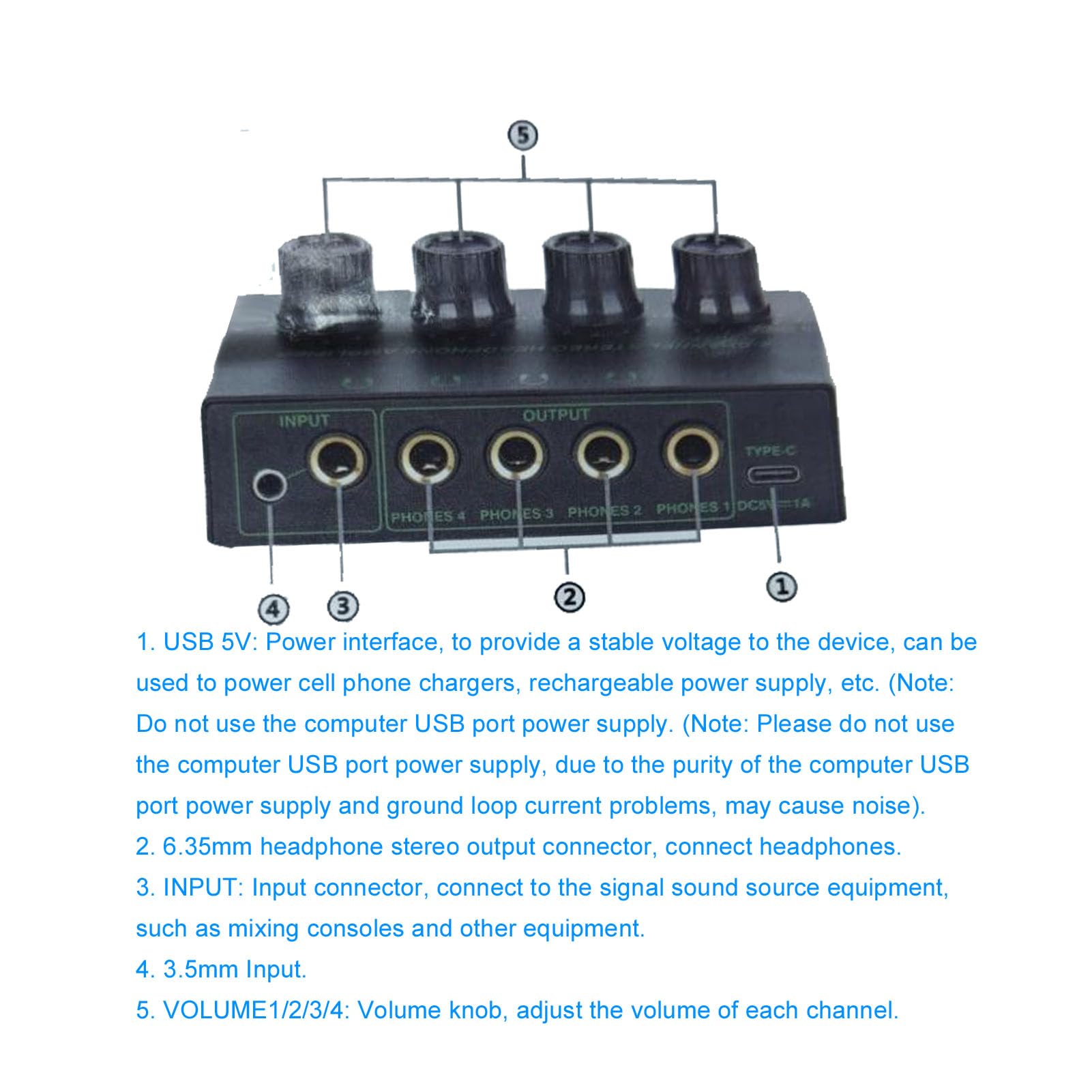 PolyGen Amplificatore per cuffie 4 canali con ingresso di alimentazione USB, uscita da 100 mW e robusto involucro in metallo, amplificatore per cuffie portatile audio stereo TRS