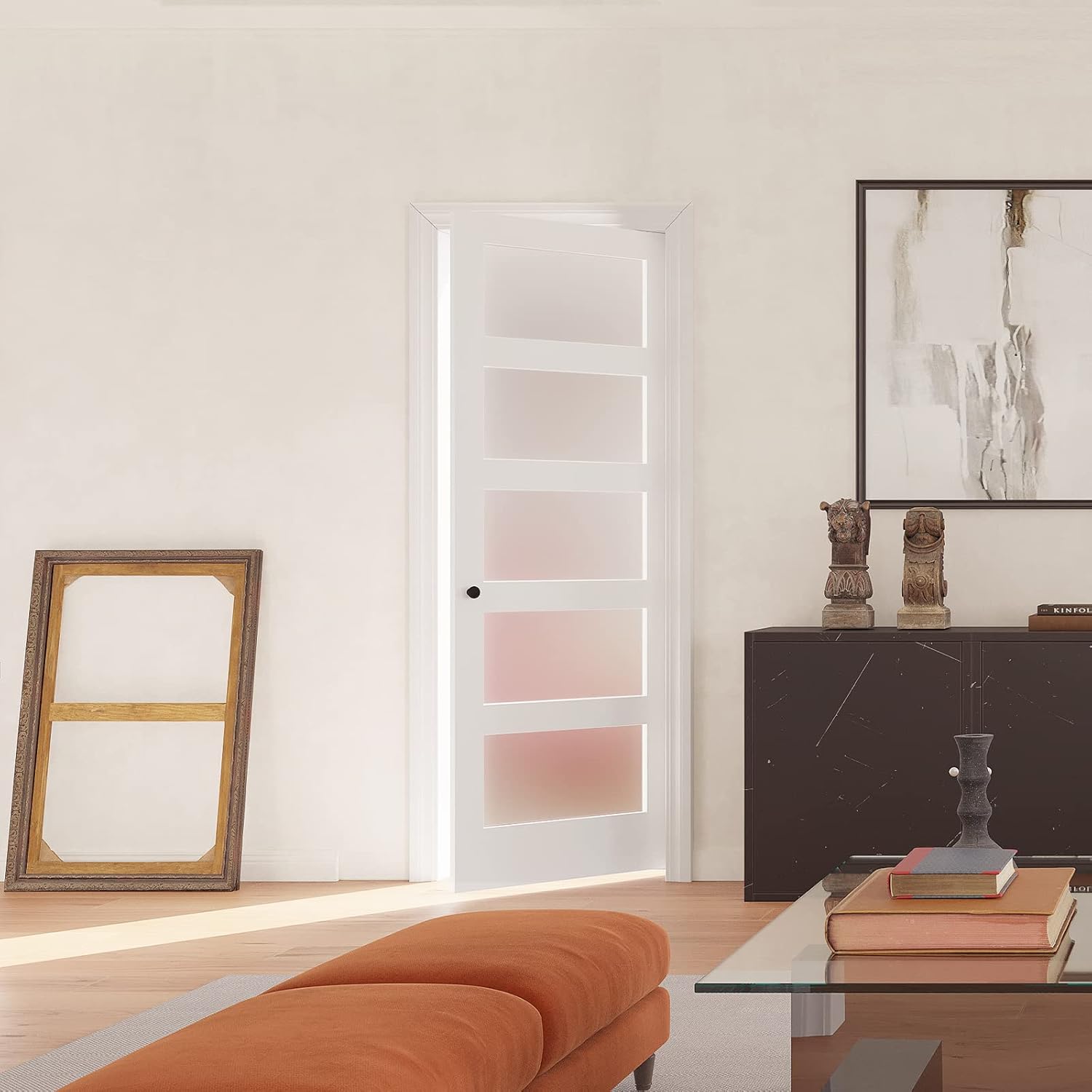30" x 80" Modern French Interior Door - 5 Lites Tempered Frosted Glass Panels, White MDF & Glass, Primed, Panel Need Assembly