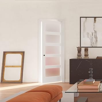 30" x 80" Modern French Interior Door - 5 Lites Tempered Frosted Glass Panels, White MDF & Glass, Primed, Panel Need Assembly