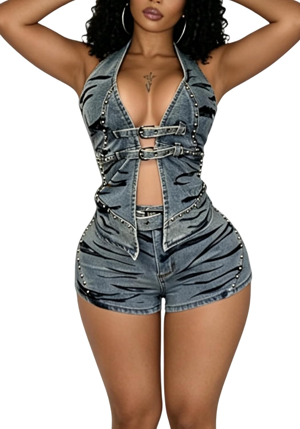 Women's Sexy Denim 2 Piece Set Studded Halter Backless Crop Top Bodycon Jean Shorts Vintage Y2K Club Outfits