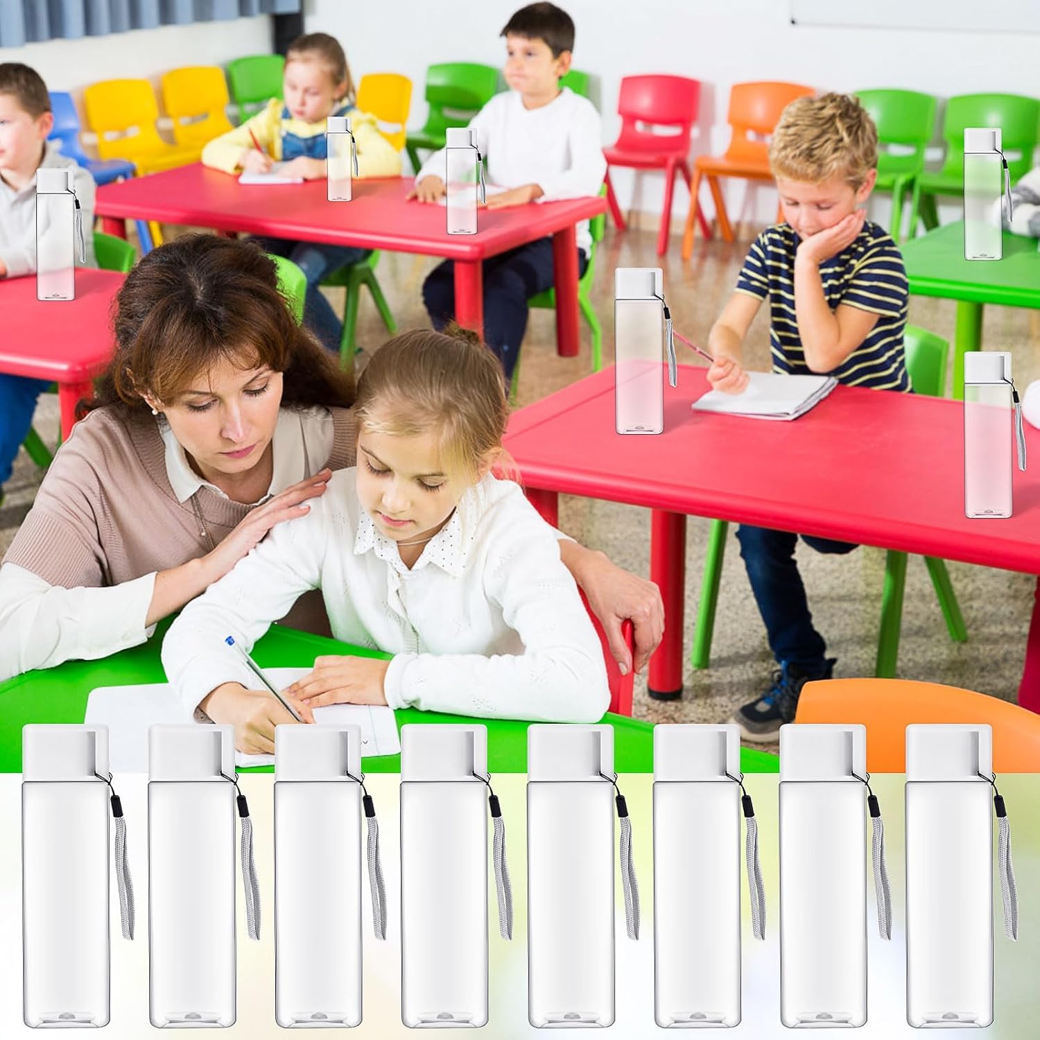 20 botellas de agua en paquete grande, 500 ml, botellas de agua de plástico reutilizables, botella de agua deportiva de boca ancha, botella de plástico rectangular para gimnasio, fitness al aire libre
