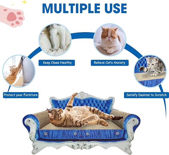 Luxury Cardboard Cat Scratcher Sofa Couch Bed, Couch Shaped Scratching Bed Board, Scratch Lounge with Catnip, Scratcher for Indoor Cat Kitty Kittens Blue