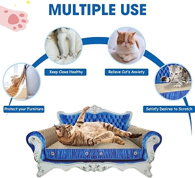 Luxury Cardboard Cat Scratcher Sofa Couch Bed, Couch Shaped Scratching Bed Board, Scratch Lounge with Catnip, Scratcher for Indoor Cat Kitty Kittens Blue