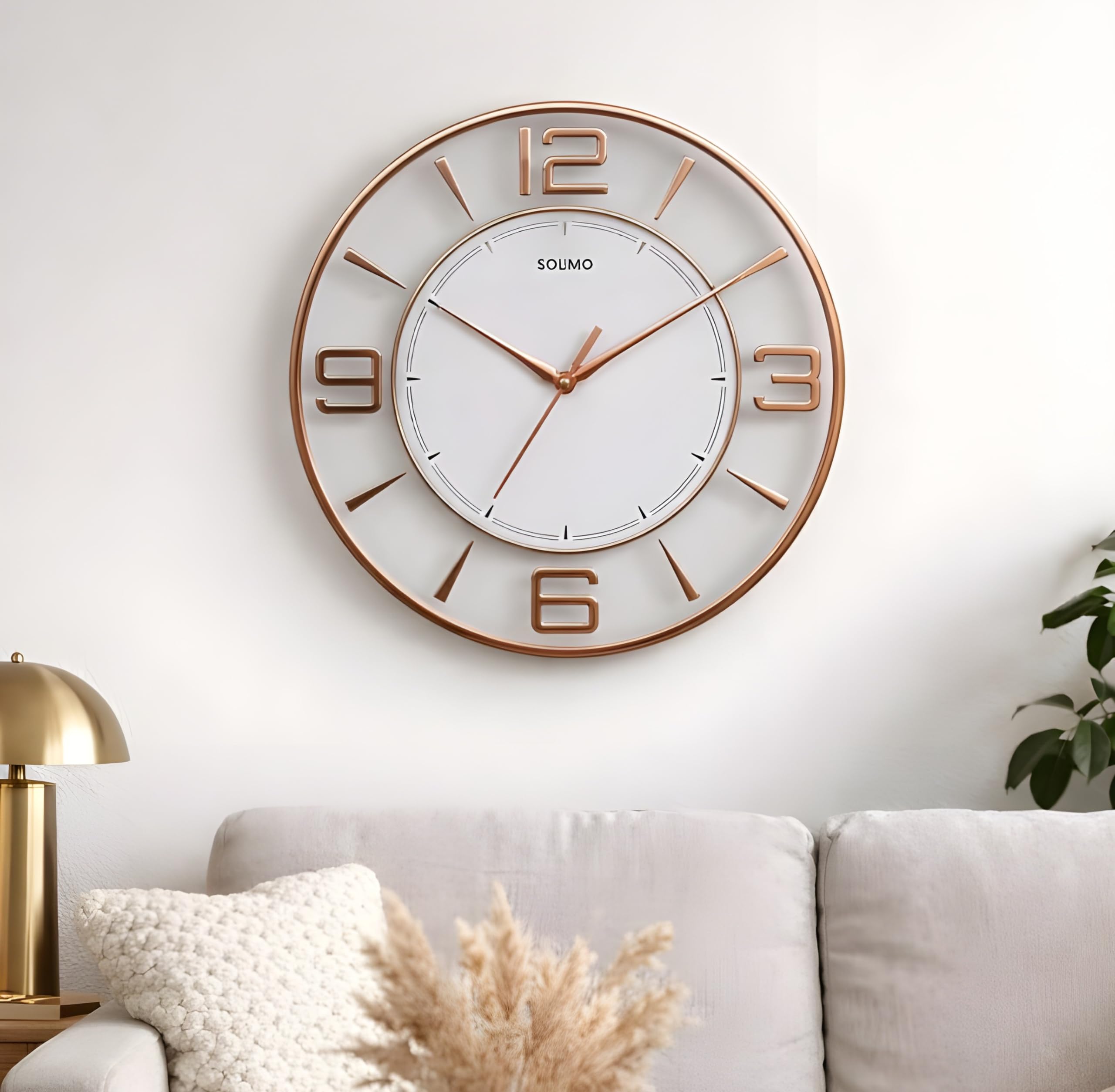 Amazon Brand - Solimo 12 Inches Silent Wall Clock for Living Room Bedroom Office Wooden Look Plastic 3D Easy to Read Numbers Modern Stylish Sweep Movement Wall Clock for Home – 1611TS (White Copper)-image-22