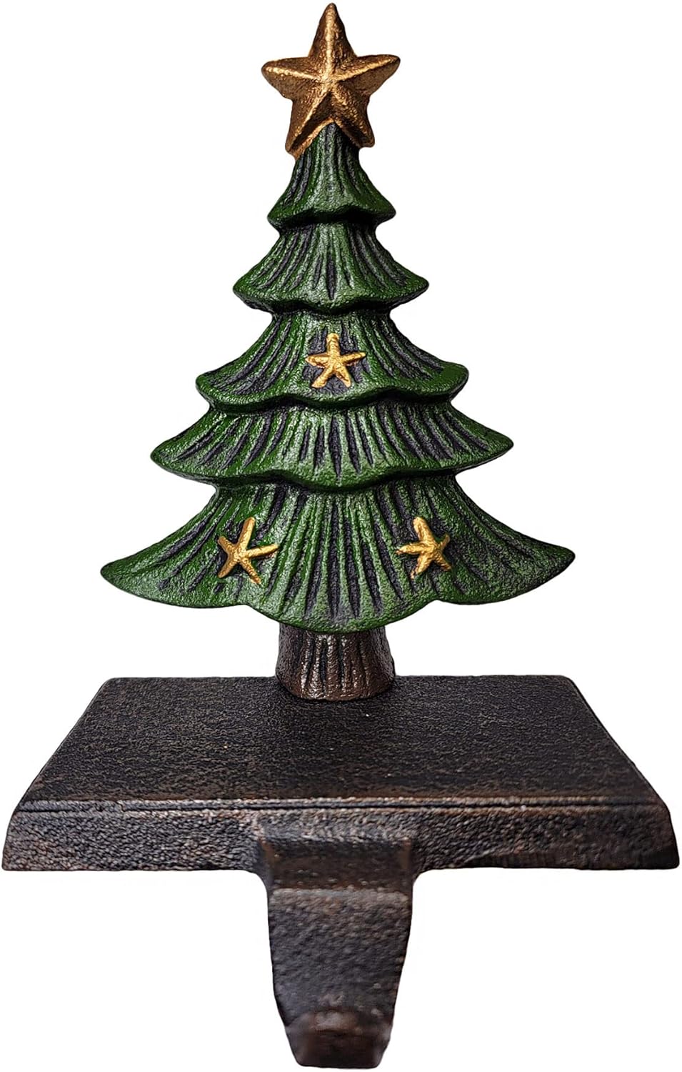 Lulu Decor Cast Iron Christmas Stocking Holders for Mantle, Solid Green Tree Topped with Gold Star, Weighted Sturdy Tree Hooks Hangers for Holiday Decoration (1 Tree)