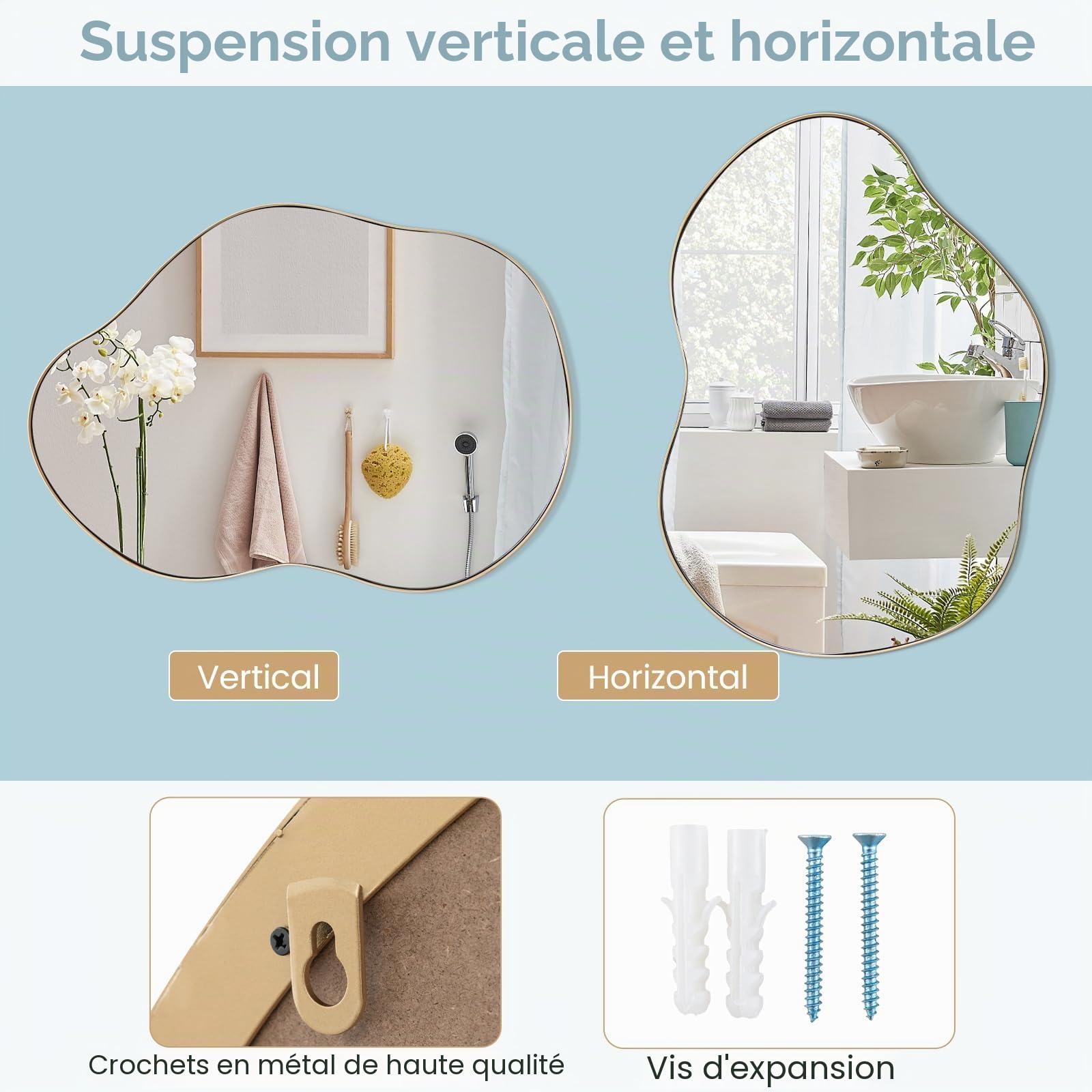 LIFEZEAL Miroir Mural Décoratif, Miroir de Forme Irrégulière avec Cadre en Métal, Miroir Asymétrique à Suspendre pour Salle de Bain, Chambre à Coucher (56 x 78 cm)