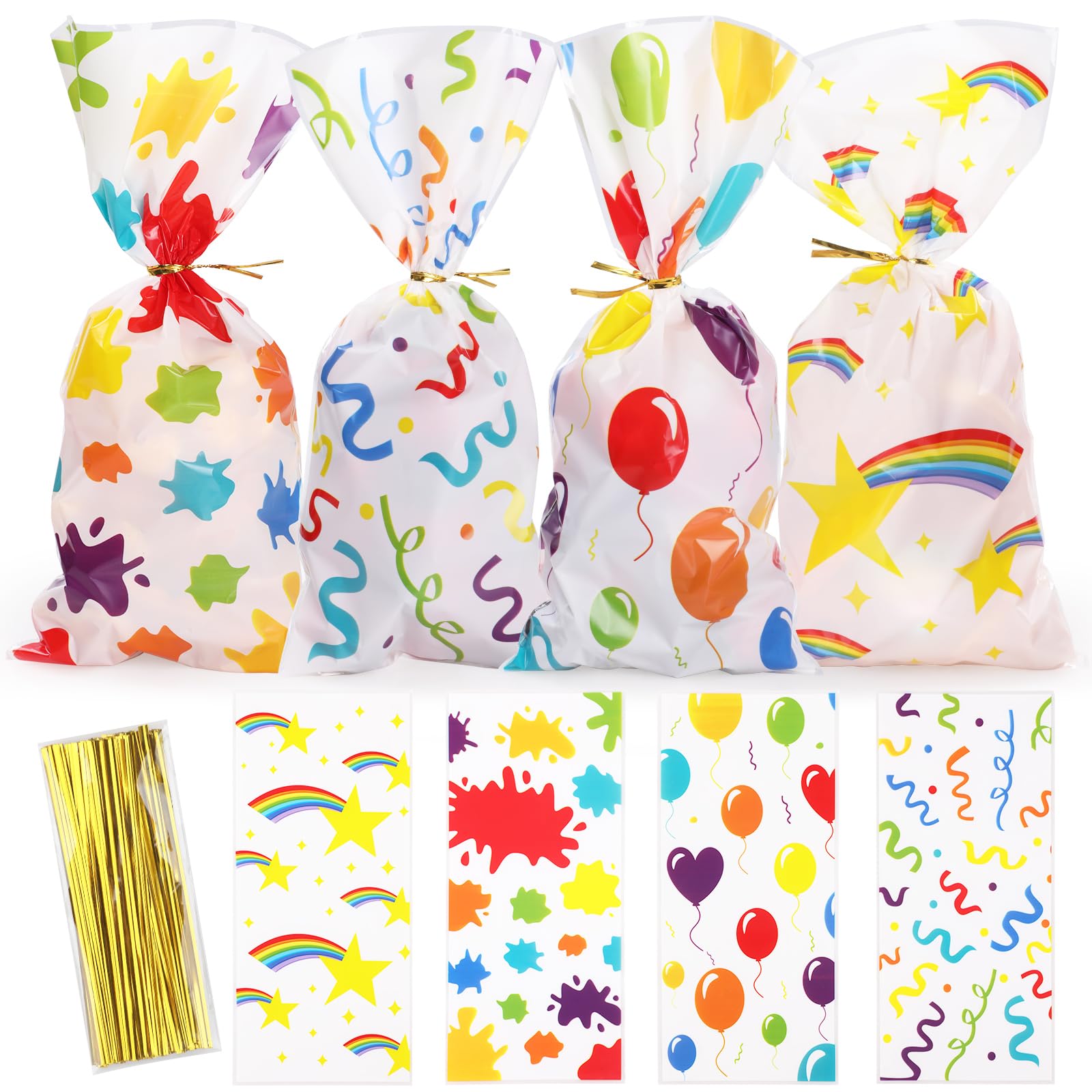 Confezione 100 Sacchetti Regalo Per Bambini – 4 Design Colorati, In Plastica OPP Resistente, Con Manici, Per Feste E Bomboniere - 2
