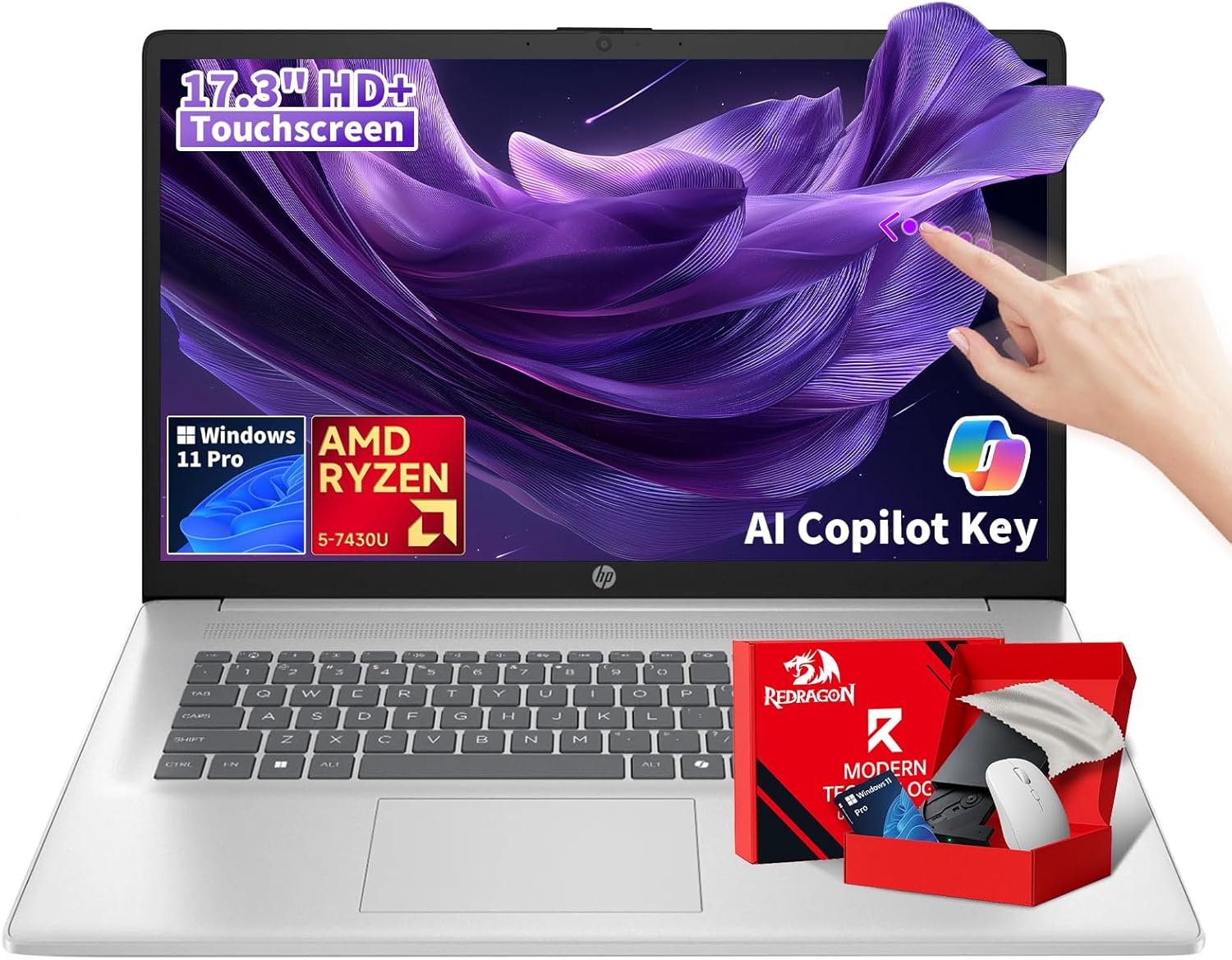 HP 17-inch Touchscreen Business Laptop – AMD Ryzen 5 7430U(4.3GHz Max) · HD+ Display · AI Copilot Key · Fast Charge · Privacy Camera · Wi-Fi 6 · Win 11 Pro · Redragon Bundle (32GB RAM | 2TB SSD)