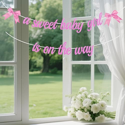 Miniatura 6 de ALISSAR Cartel de baby shower con lazo rosa para niña – Decoración de fiesta de bebé niña coqueta con purpurina rosa, decoración de fiesta de niña