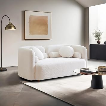 DEINPPA 66" Contemporary Boucle Fabric Upholstered Sofa, 2 Seater Sofa Couch with Pillows, Unique Lounge Sofa, Perfect for Apartment Studio Office Lobby, Partial Assembly Required-White