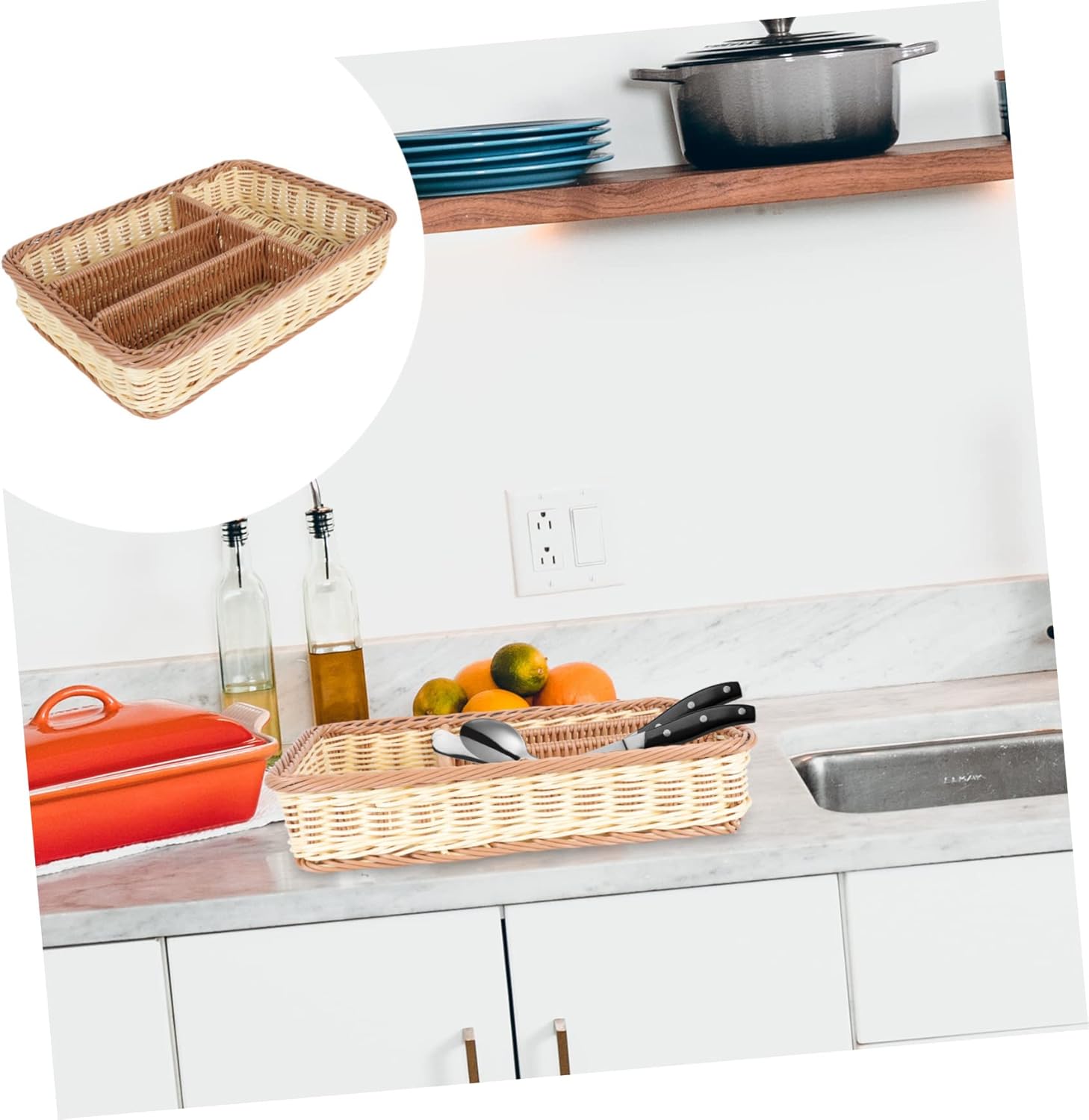 Cabilock Woven Storage Basket for Cutlery Organizer 4-Compartment Rattan Drawer Basket for Kitchen Countertop Desktop Sundry Storage Holder for Utensils Forks and Knives