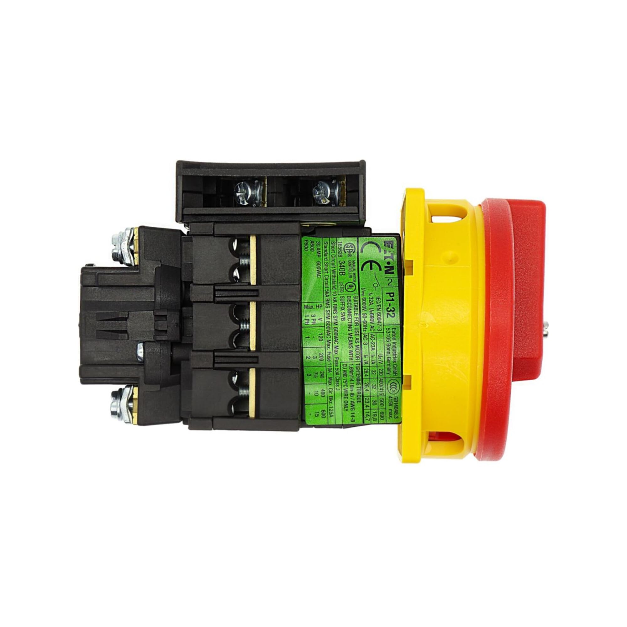 Eaton P1-32/EA/SVB/HI11 Interruptor General, 3 Polos con 1 NO con 1 NC, 32 A, Función de Parada de Emergencia, Bloqueable en posición 0, Montaje Empotrado