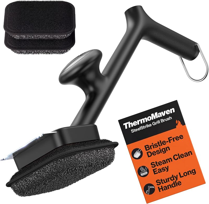 ThermoMaven Cepillo para parrilla de barbacoa sin cerdas - Limpiador a vapor sin riesgo de cables elimina la grasa quemada rápidamente - Mango de tacto frío de 17", raspador y 3 cabezales reemplazables para gas, carbón y hierro fundido