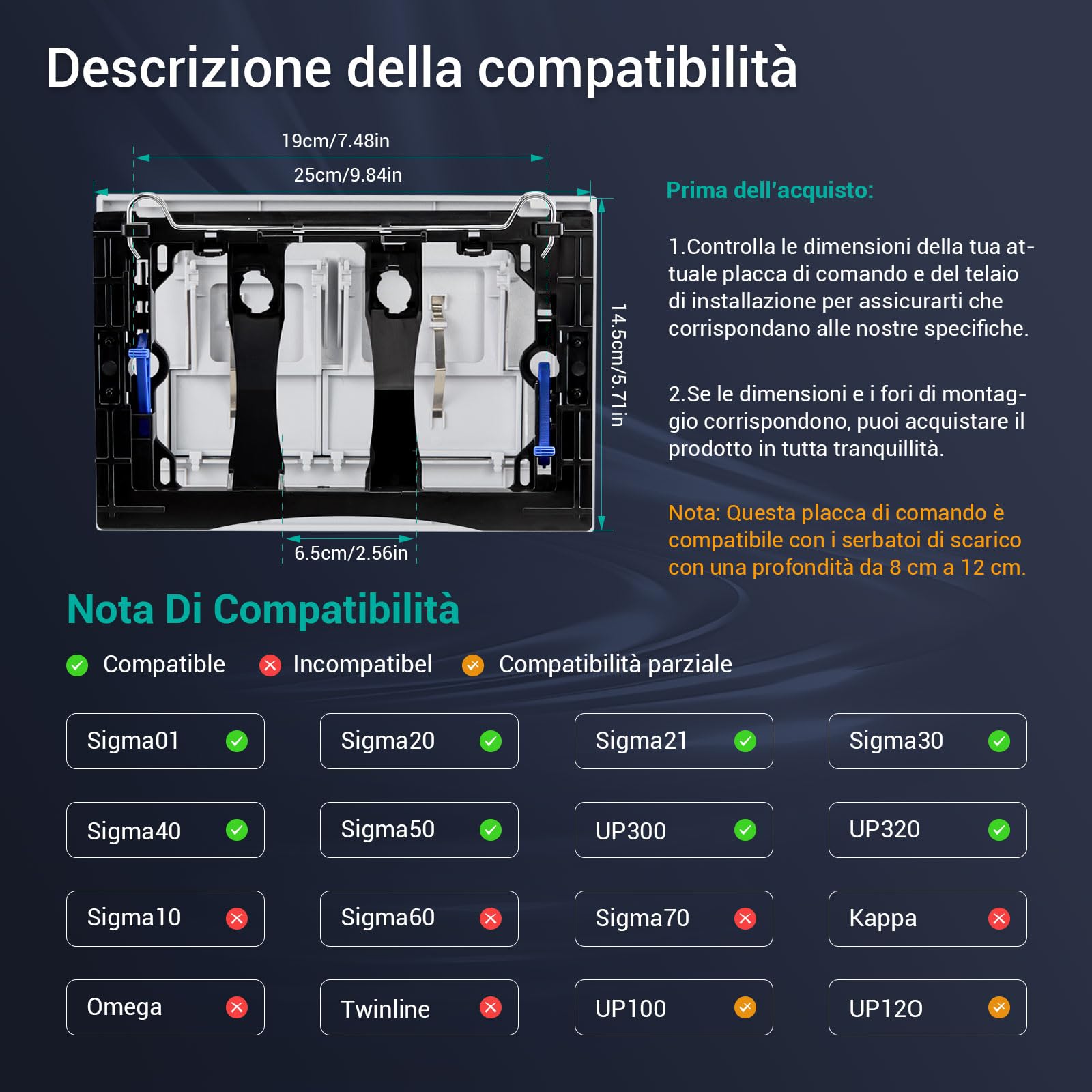 Empyreal Placca di controllo, pezzi di ricambio per cassetta di scarico, modelli precedenti Placca di controllo per Geberit Sigma01 UP320&300, Doppio scarico(Argento Opaco)