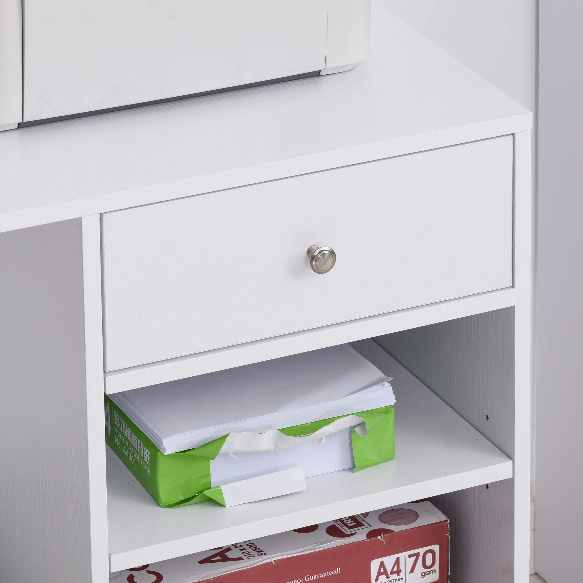 HOMCOM Vinsetto Support d'Imprimante Organiseur Bureau Caisson Blanc | 2 Niches, Tiroir, Espace CPU, Grand Plateau, Panneaux Particules