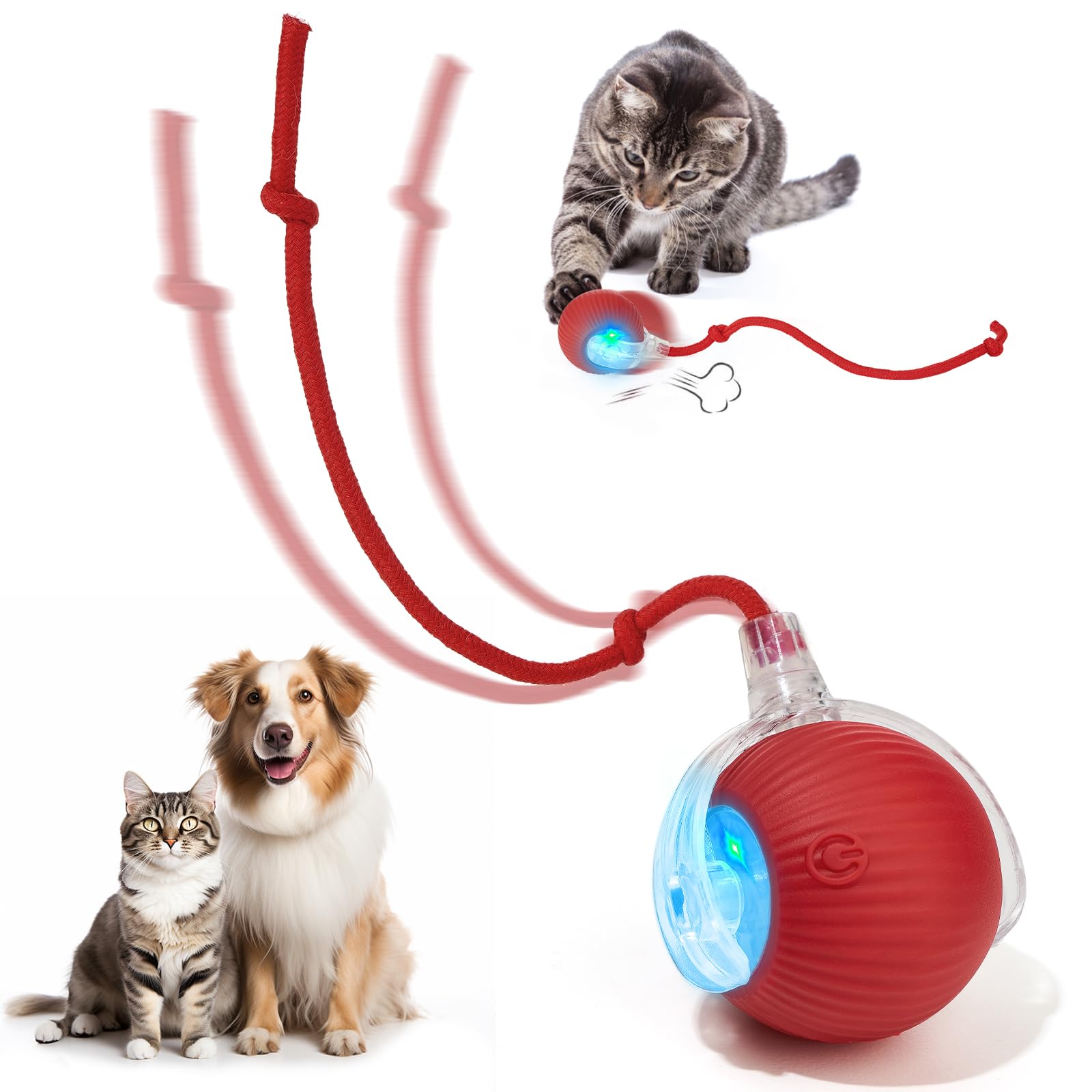 Utroni Interactive Dog & Cat Electric Active Toys, Smart Rolling Ball for Dogs & Cats, 360° Smart Automatic Rolling Pet Ball, Fast Moving Toy for Bored Indoor Kitty, Rechargeable(Red)