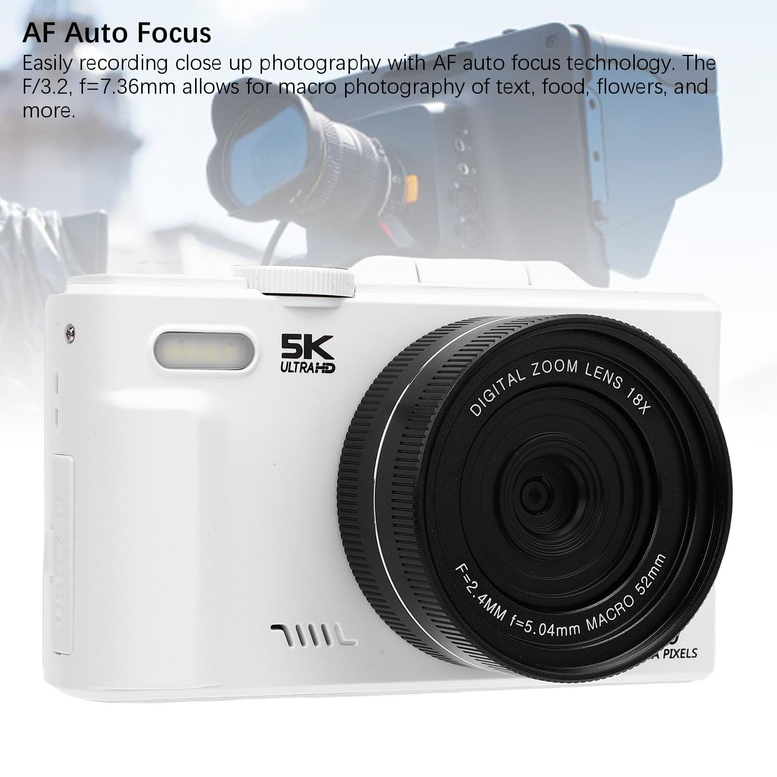 Appareil Photo Numérique, 5K 75MP WiFi 18X Zoom Autofocus avec écran Rabattable 3 Pouces à 180 Degrés, Carte SD 32 Go, pour Enfants et Personnes âgées (White)
