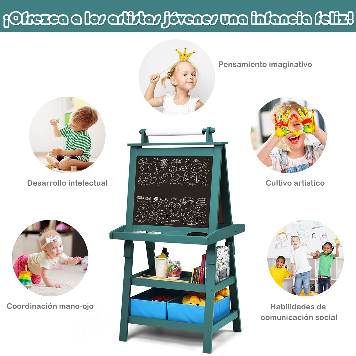 COSTWAY Pizarra de Doble Cara para Niño Caballete de Infantil Tablero de Pie con 2 Cajas de Almacenamiento,Rollo de Papel y Estantes (Azul)