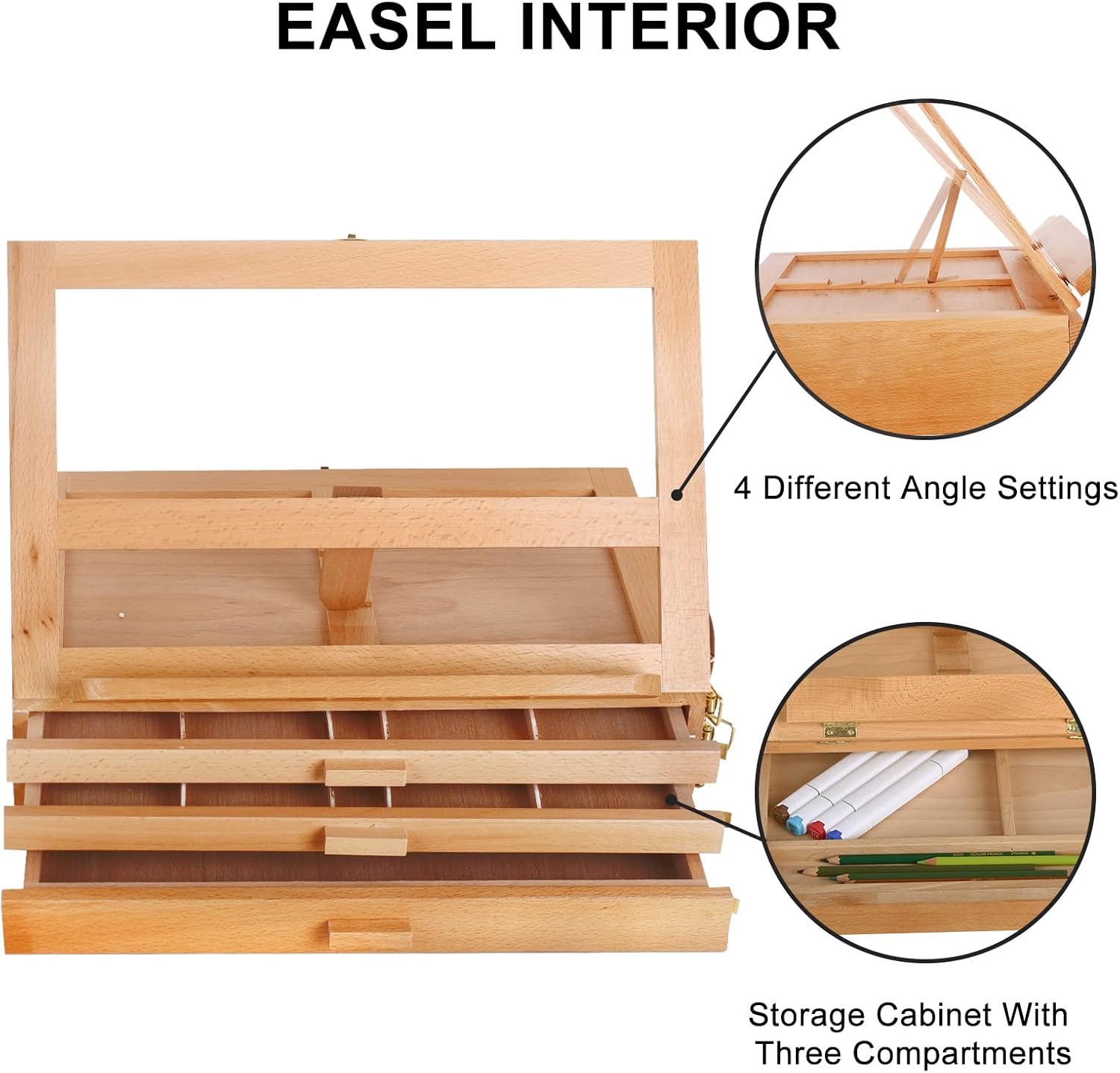 Vencer Adjustable Wooden Artist Table Easel with 3-Drawer Storage Box,Portable Wood Artist Desktop Case with Book Stand,Store Pencil, Paint,Marker Set,VAO-013