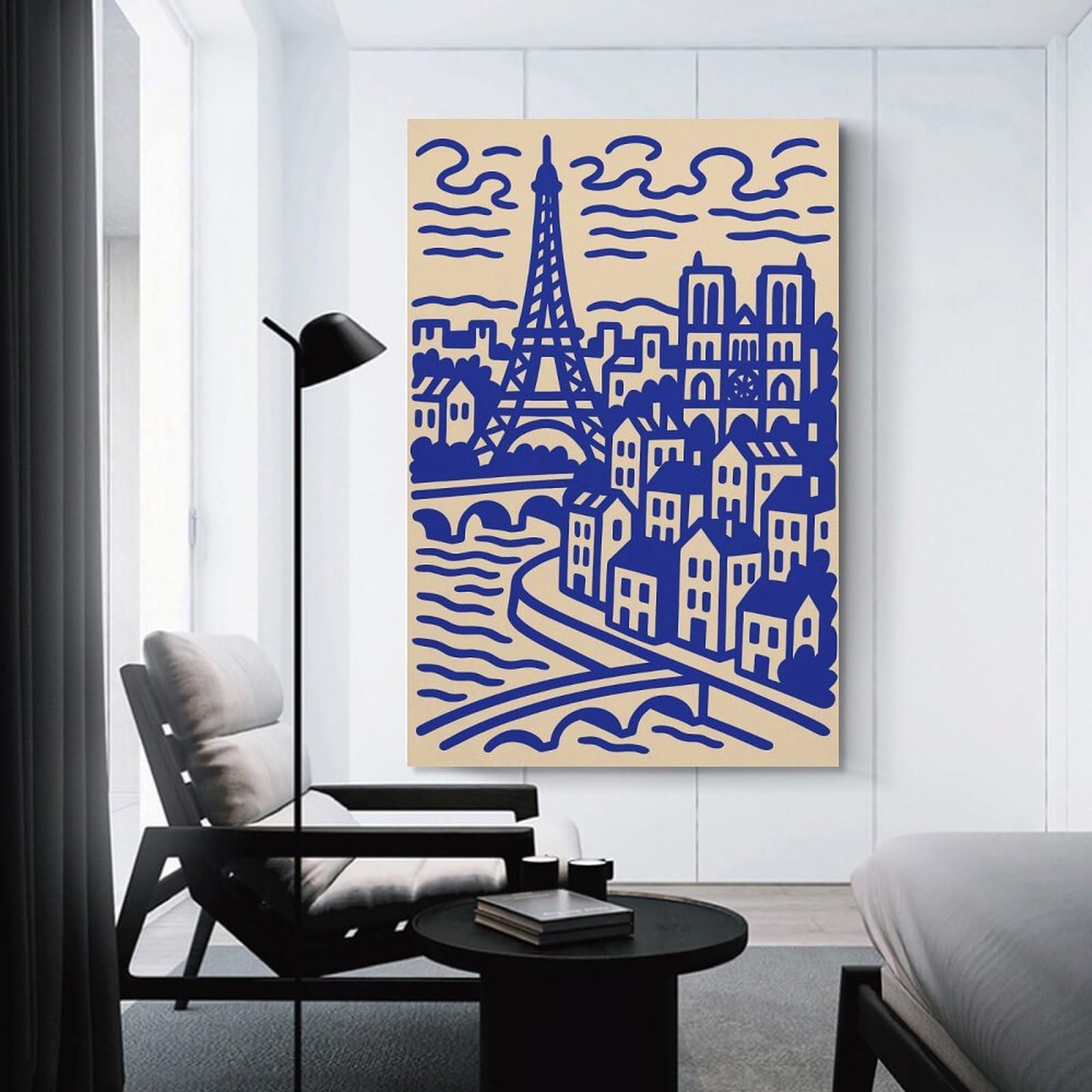 Junmoney Canvas Wall Decor Paris Cityscape Illustration in Blue, 20x30inch(50x75cm), for Living Room, Bedroom, Office Or Hallway, Decorative Artwork with Broad Appeal