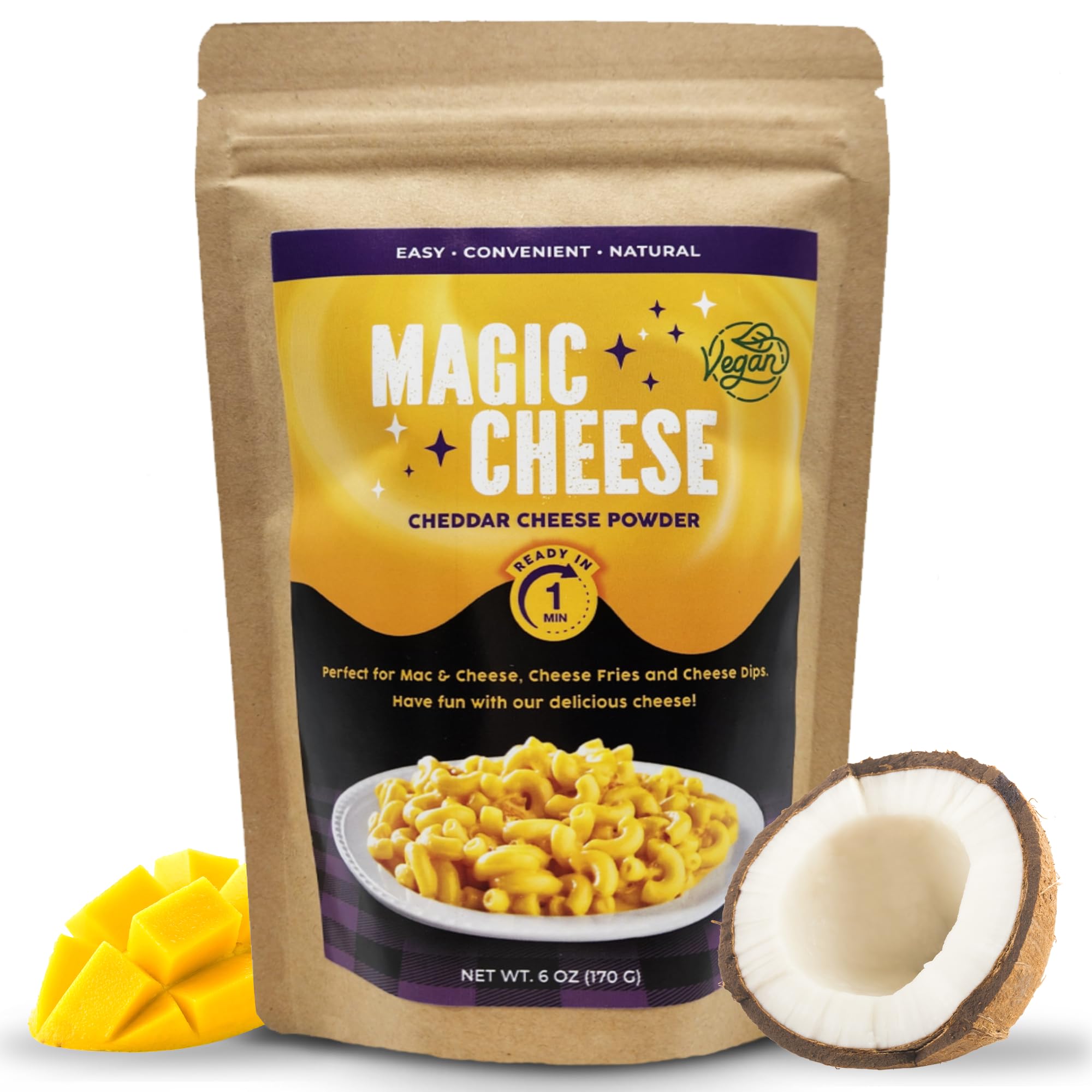 Vegan Magic Cheddar Cheese Powder with a Hint of Mango & Coconet (6oz) - Low-Calorie, Plant-Based, Dairy-Free, Gluten-free, Soy-Free, Low Sodium, Great for Nachos, Dips & Mac and Cheese