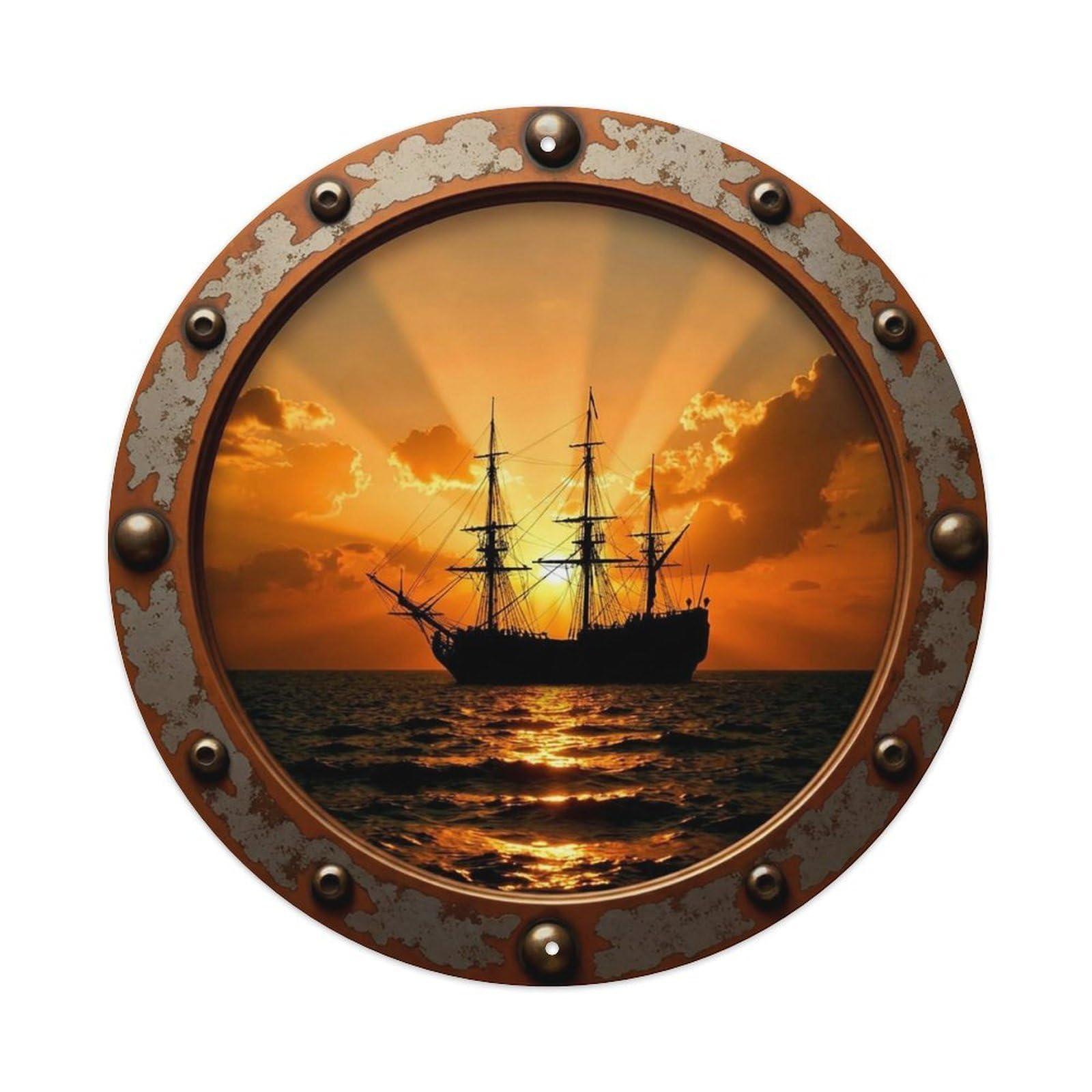 Vintage Porthole Sunset Silhouette Nautical Window View Vintage Metal Tin Sign Plaque Wall Decor for Cafe, Club Bar, Office, Garden Metal Poster 8x8Inch
