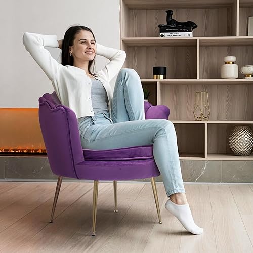Miniatura 2 de Magshion Silla decorativa de terciopelo, silla de tocador morada con respaldo tapizado, sillas de maquillaje con patas doradas y almohada suave para