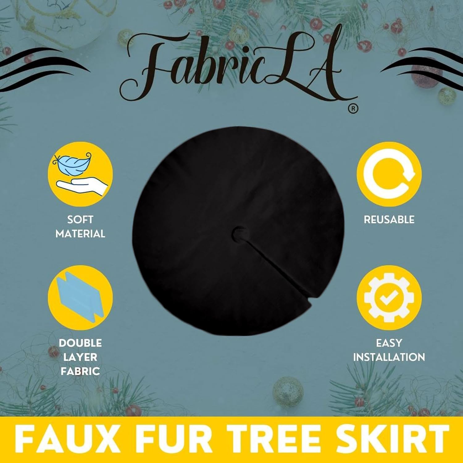 FabricLA Black Faux Fur Tree Skirt Cut - 30-Inches with Rounded Edges (No Backing) for Christmas