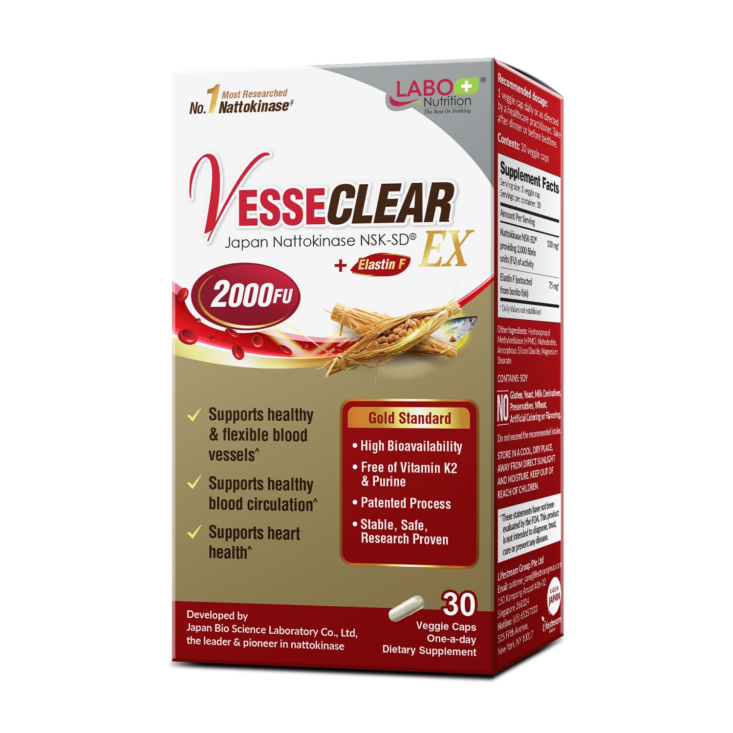 LABO Nutrition VesseCLEAR EX: Nattokinase NSK-SD+Elastin F for Clean & Flexible Blood Vessel. Japan's Most Clinically Studied, Functional Dose