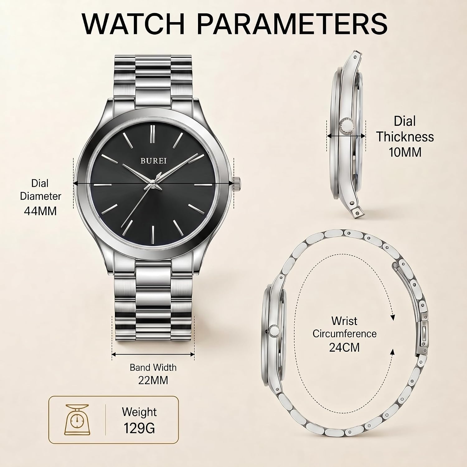 BUREI Men Watches Gifts for Men Fashion Stainless Steel Analog Quartz Waterproof Watches for Mens
