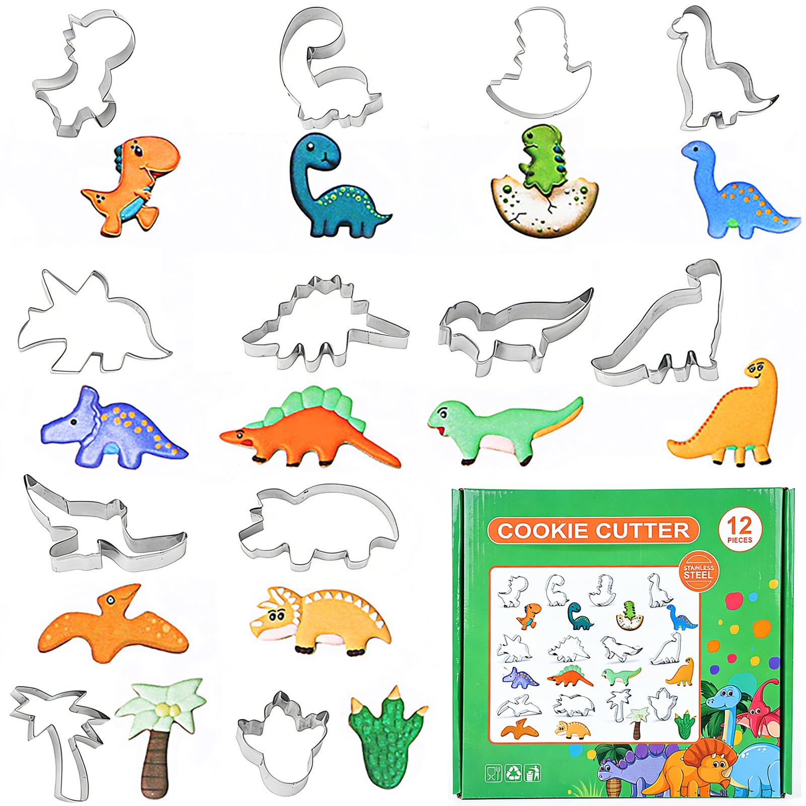 Consnew 12 Pezzi Formine per Biscotti di Dinosauro, Stampi da Forno in Acciaio Inox, Bambini Stampi Biscotti per Impasto, Fondente, Torte, Frutta e Verdura, Accessori per Feste a Tema Dinosauro - 1
