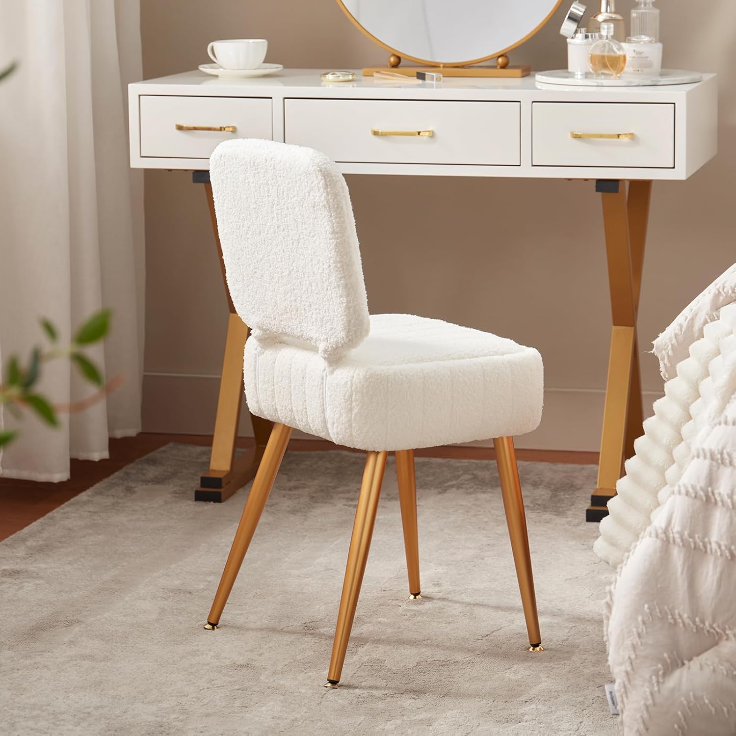 Updated Vanity Chair, Storage Ottoman with Folding Back & Gold-Toned Metal Legs, Ottoman Seat with Teddy Velvet for Dressing Room Living Room Bedroom, 16" x 12.5" Inch