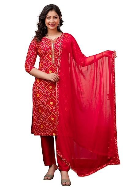 Vanyashri Women's Red Cotton Rayon Embroidered Kurta Set with Pant & Dupatta