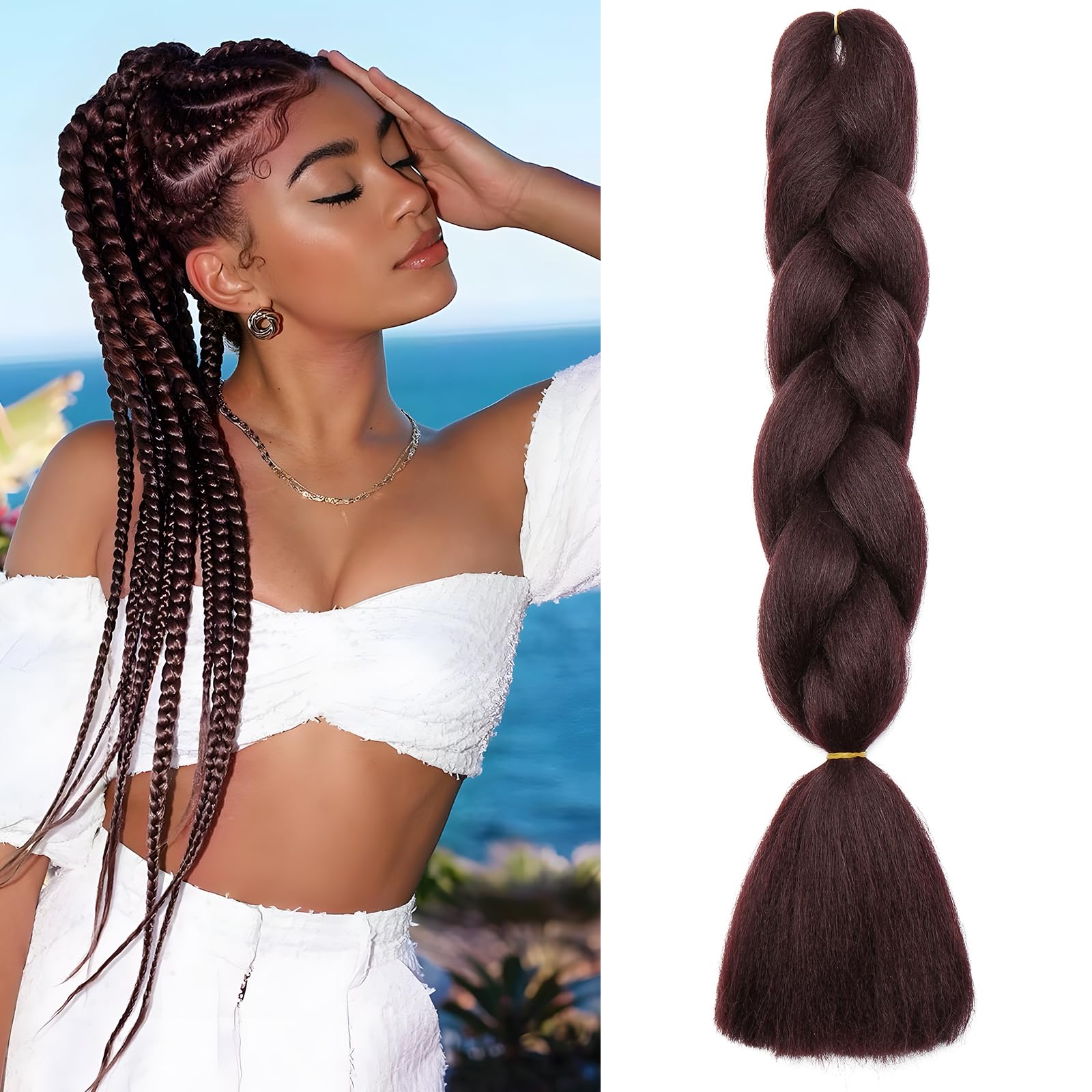 Benehair Braiding Hair Long Braids Extensions Hair 24 Inches Colorful Synthetic Hair for Braid Human Braiding Hair Dark Auburn Hair Extensions for Women(Dark Auburn