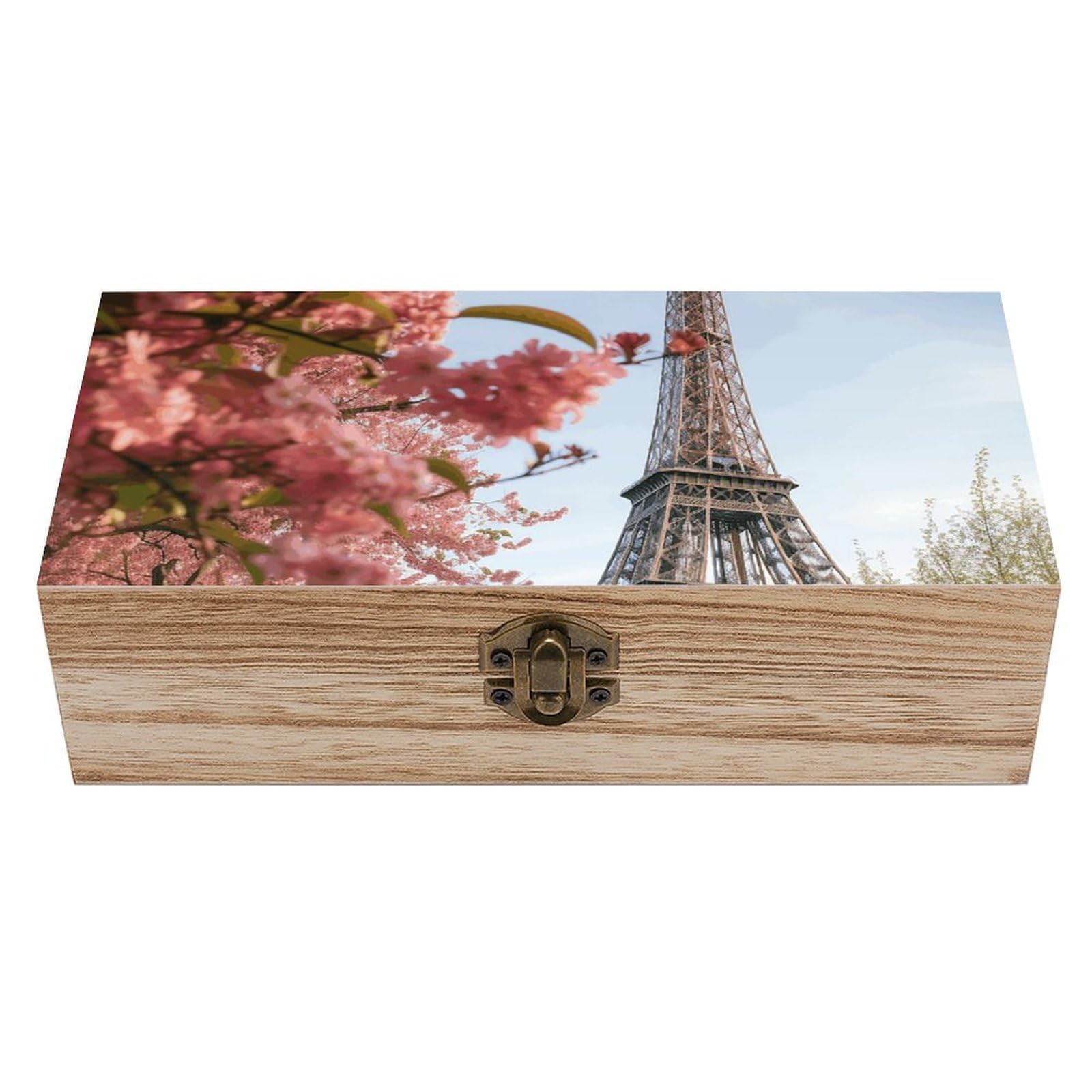 Wooden Storage Box Paris Eiffel Tower Flower Wood Gift Box with Hinged Lid Vintage Decorative Jewelry Boxes Memory Box for Jewelry Art Hobbies Home Storage Treasure Keepsake Gift 7.9''x3.9''x2.3''