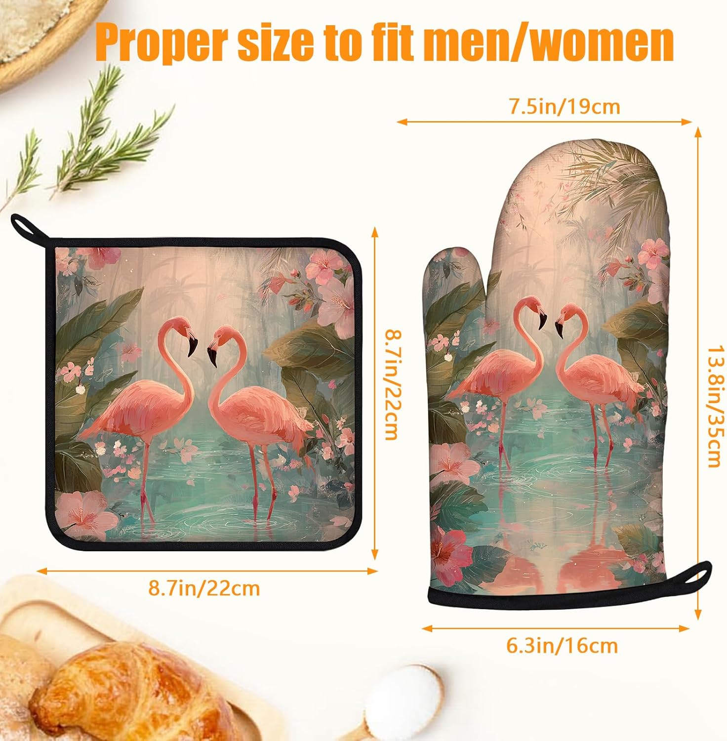 Palm Leaf Flamingo Tropical Oven Mitts and Pot Holders Sets 4Pcs Silicone Non-Slip Mitts Heat Resistant Gloves Hot Pads for Kitchen Cooking Baking Grilling BBQ