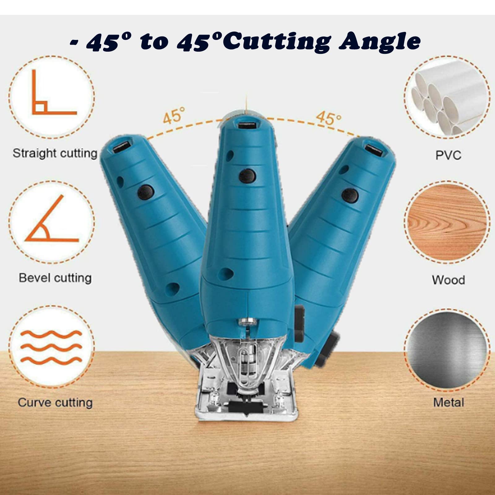 Scie Sauteuse 800W - Coupe Bois 100mm, Métal 10mm, 6 Vitesses, Guide Laser, Lumière LED, Coupe En Biseau 45°